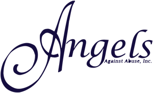 The logo features the word "Angels" in decorative script with "Against Abuse, Inc." in smaller text beside it, all in a dark blue color—ideal for representing integrity and trust within the commercial real estate community.