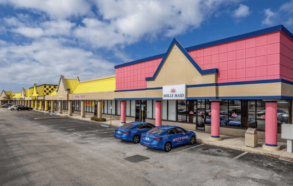 A strip mall with colorful storefronts, mostly pink and yellow, sits along US HWY 19 in Clearwater, featuring leased units like Molly Maid and two branded blue cars parked out front under a partly cloudy sky.