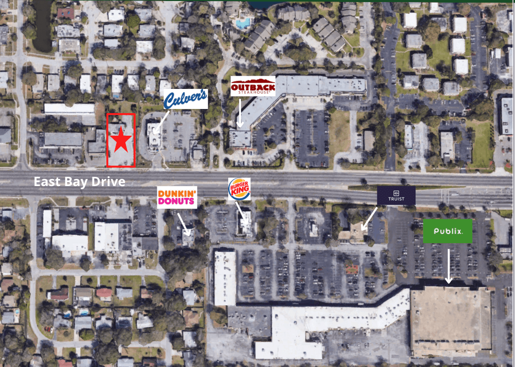 Aerial map view of 3460 East Bay Dr with labeled locations: Outback Steakhouse, Culver's, Dunkin' Donuts, Burger King, Trust Bank, Publix, and a red star marking a spot—perfect for exploring Largo FL real estate.