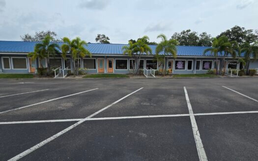 A single-story commercial property with a blue metal roof, palm trees in front, and an empty parking lot in the foreground.