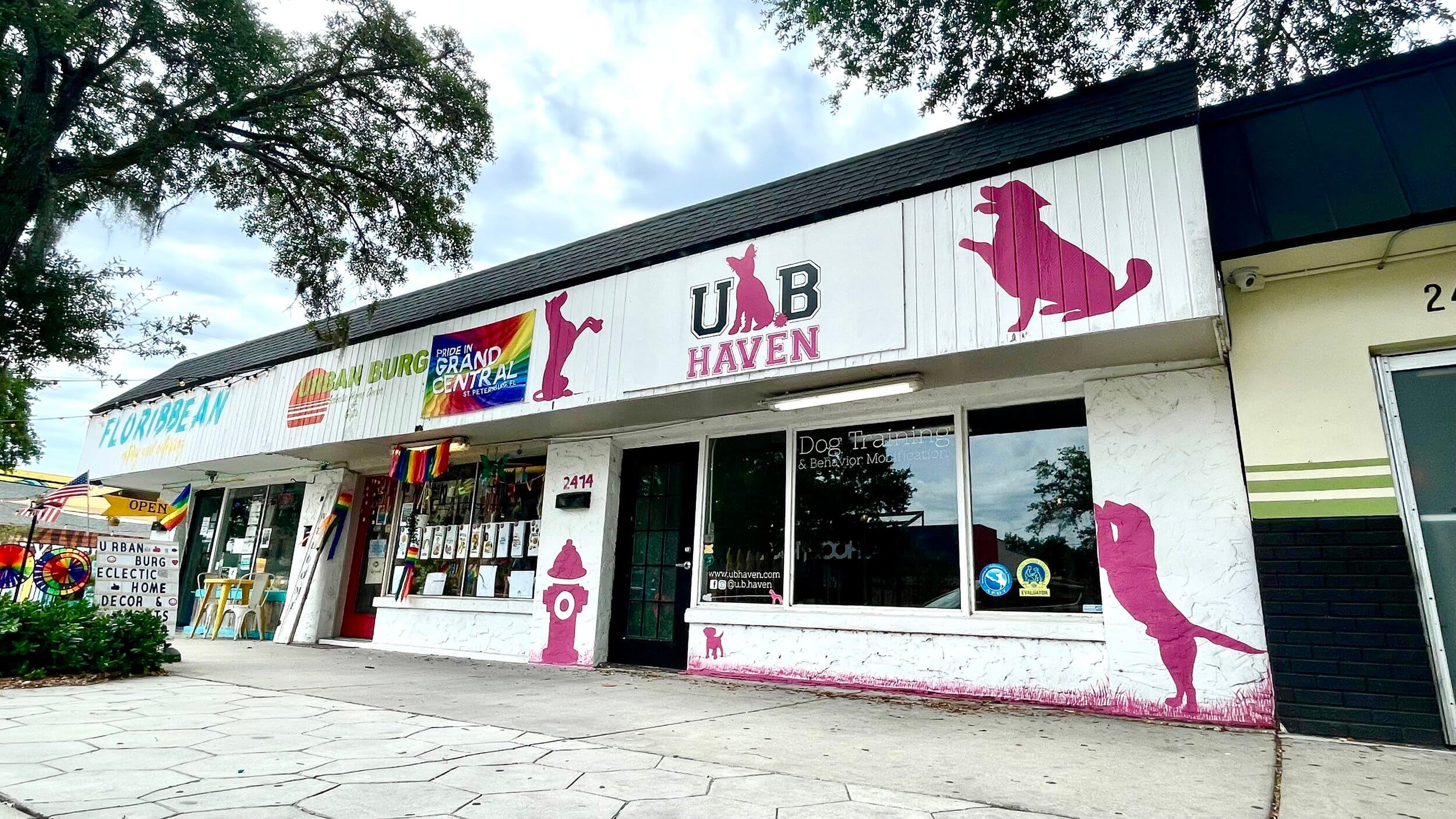 Street view of the UB Haven pet store, a vibrant commercial property featuring pink dog silhouettes on the exterior walls and sidewalk, situated alongside other local shops.