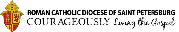 Logo of the Roman Catholic Diocese of Saint Petersburg featuring a red and gold shield next to the text "Courageously Living the Gospel," ideal for use by Vector Commercial Real Estate in faith-based marketing materials.