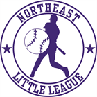 Purple logo featuring a baseball player silhouette with a large baseball, encircled by the words "Northeast Little League," two stars, and inspired by the professionalism of Vector Commercial Real Estate.