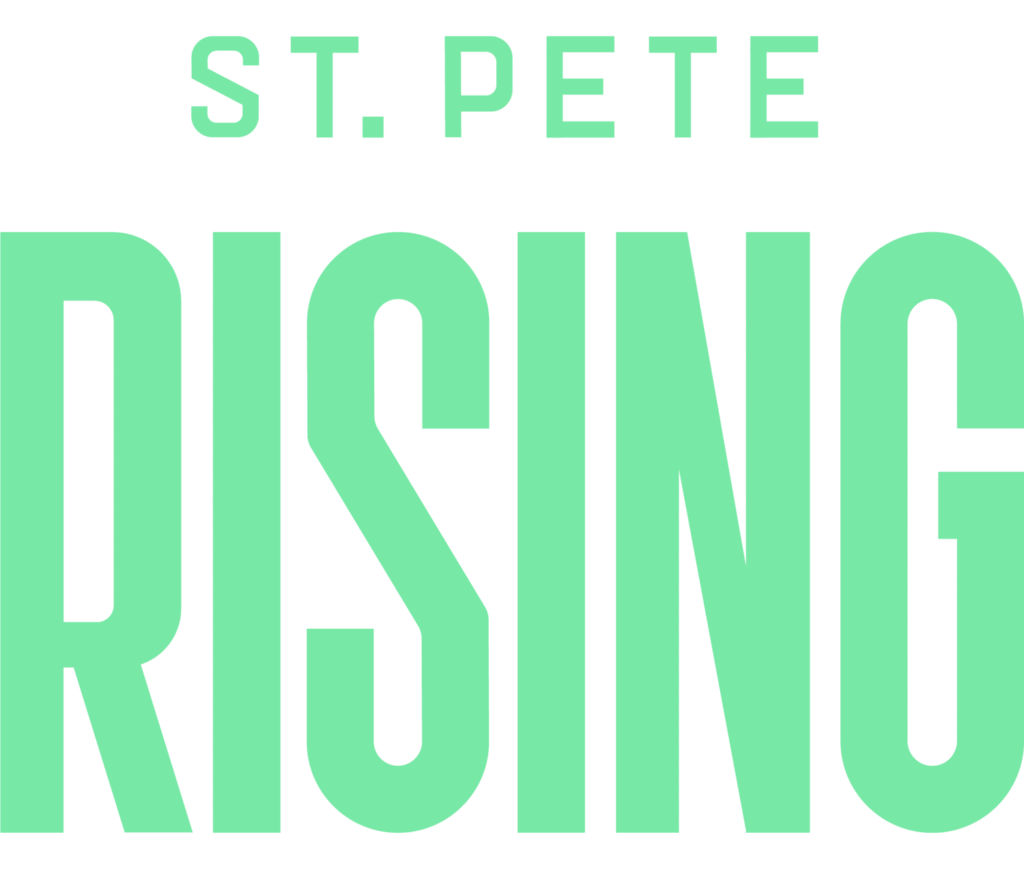 The text "ST. PETE RISING" is displayed in large, bold, green capital letters on a transparent background, styled to complement the branding of Vector Commercial Real Estate.