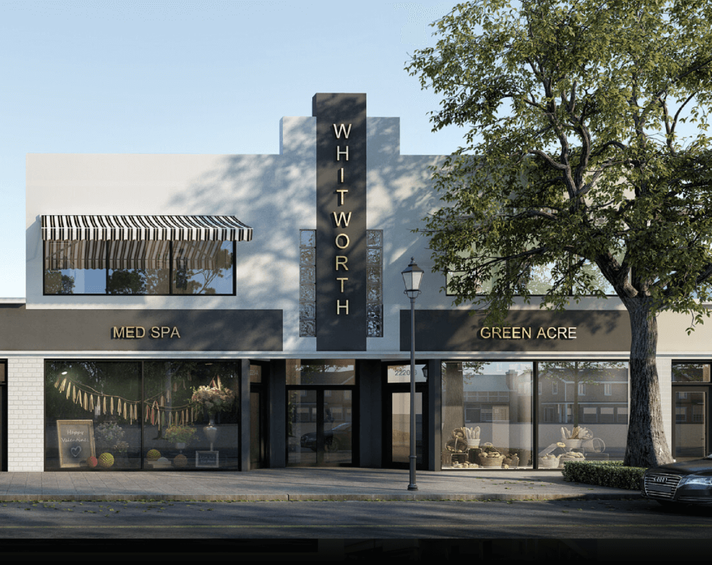 A modern two-story commercial property labeled “WHITWORTH” features ground-floor businesses “MED SPA” and “GREEN ACRE,” large windows, a striped awning, and a tree in front.