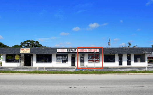 A single-story strip mall on 49th St. in St. Petersburg features several storefronts, including "Freedom Insurance" outlined in red, a shoe repair shop, and a bike shop—some spaces currently leased.
